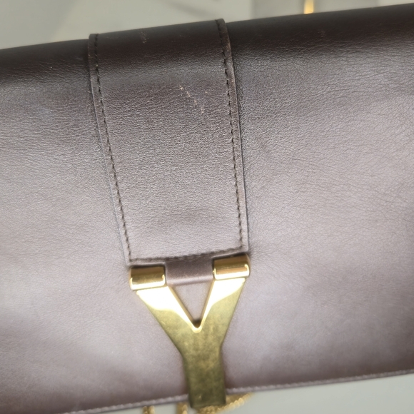 YSL Brown Leather Y-Ligne Clutch Pochette Shoulder Bag with Chain - Picture 6 of 12